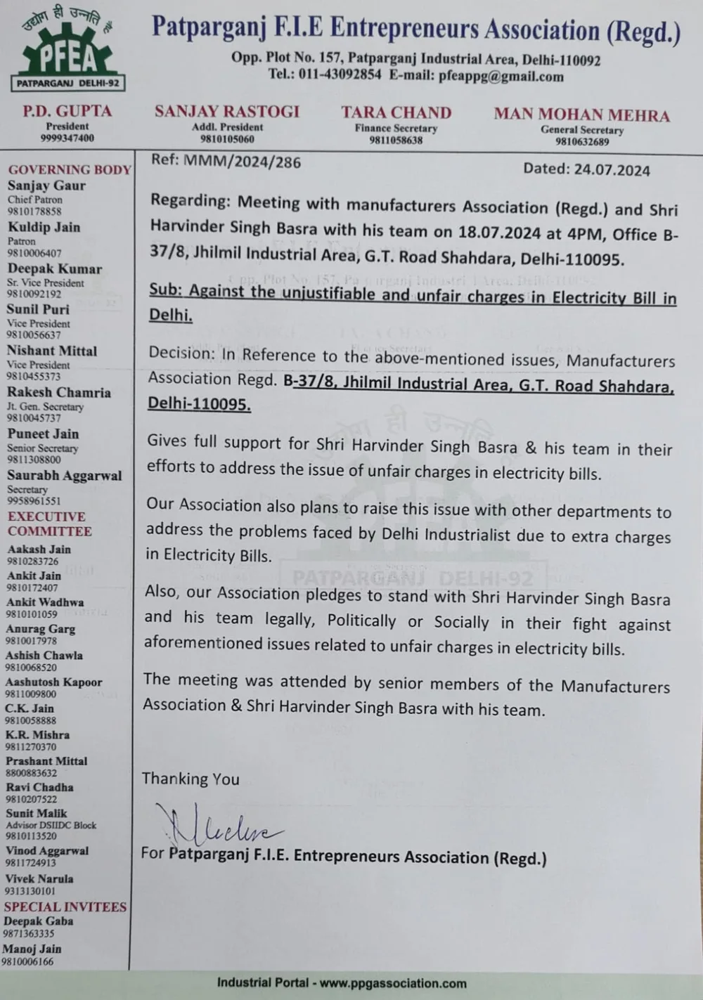 Association support letter concerning unfair electricity-bill charges