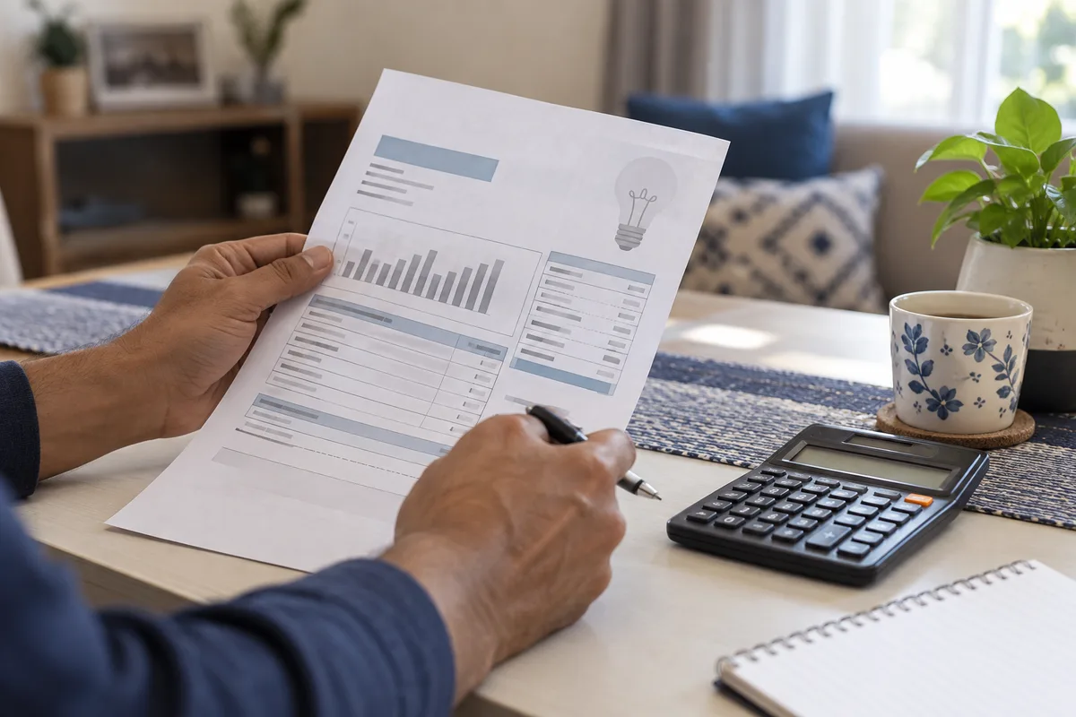Illustrative close-up of hands reviewing an electricity statement with a calculator.