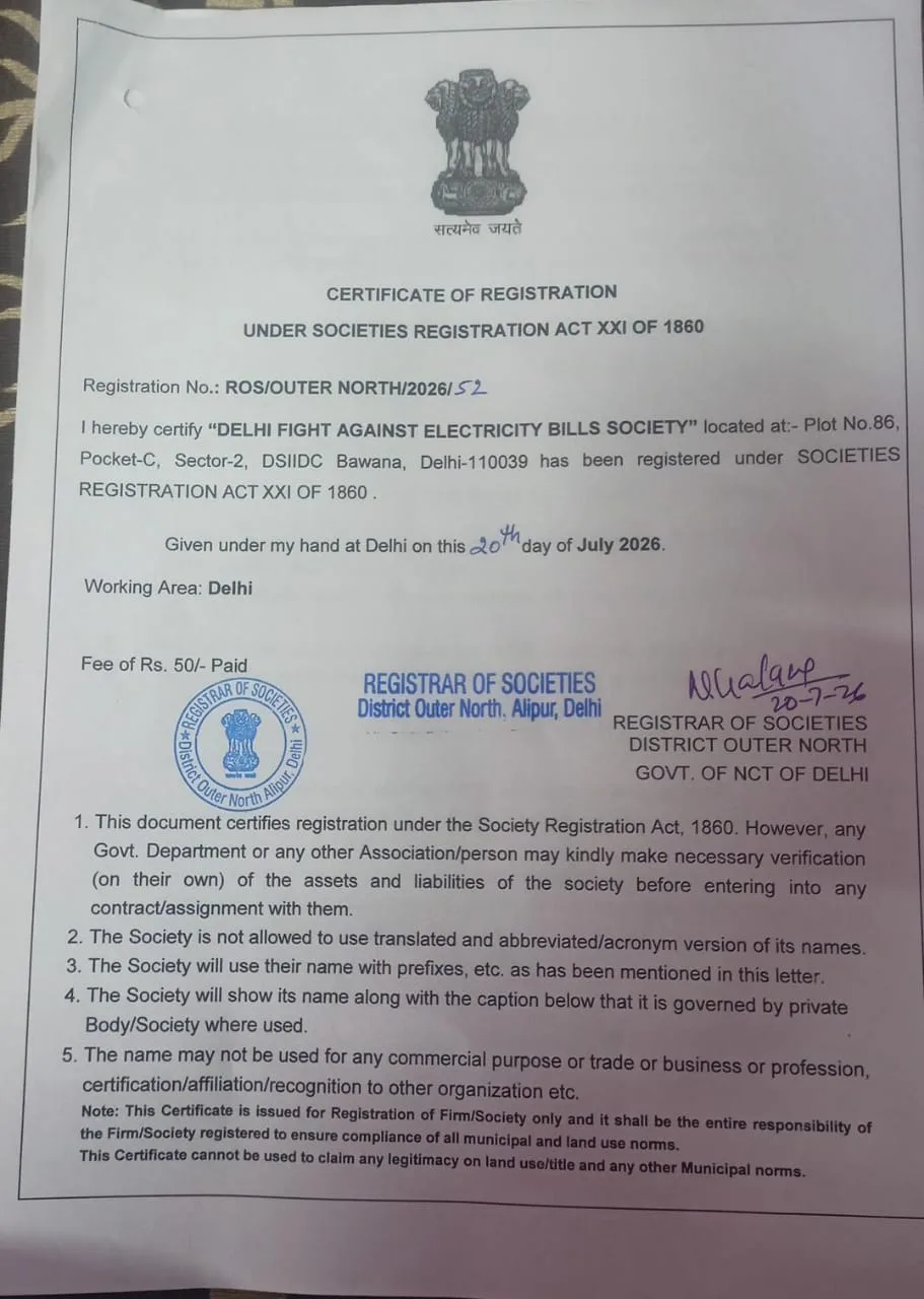 Certificate of registration for Delhi Fight Against Electricity Bills Society